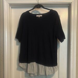 LOFT Black Blouse with Striped Hem